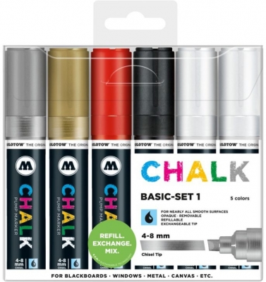 Marker creta lichida, varf tesit, 4-8 mm, Chalk Marker Basic, 6 culori/set Molotow